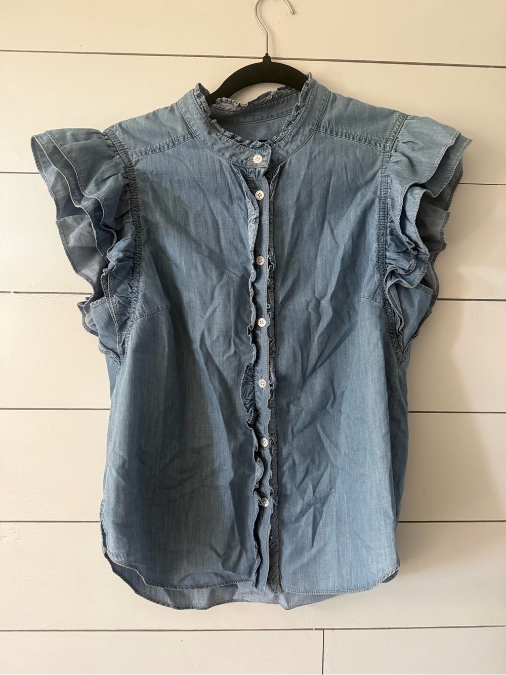 Veronica Beard Light Blue Ruffle Chambray Button-Front Blouse - Picture 2 of 7